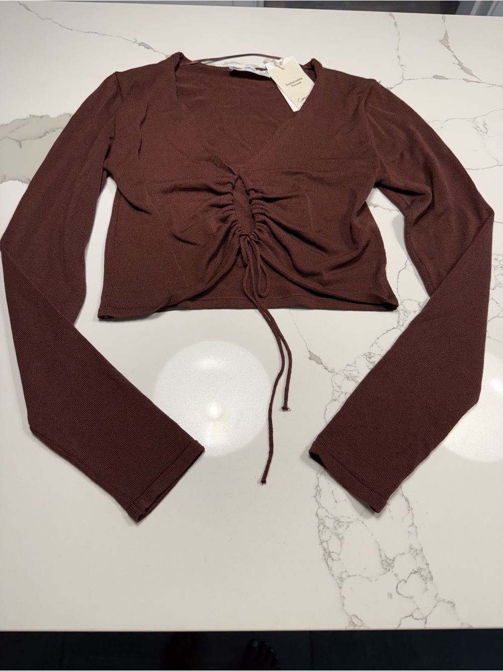 Mango Ruched Front Long Sleeve Crop Top - Brown